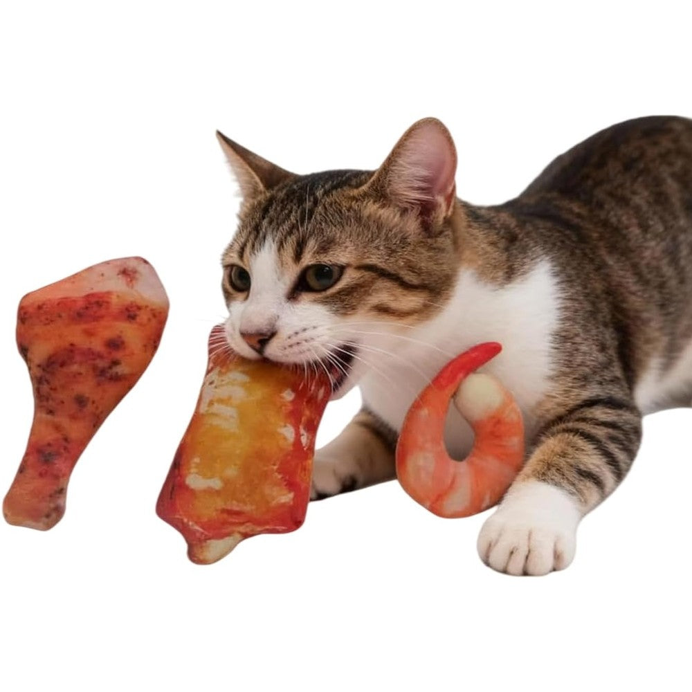 Generic realistic food interactive cat plush toy set front view depicting shrimp chicken leg and pork rib shapes.