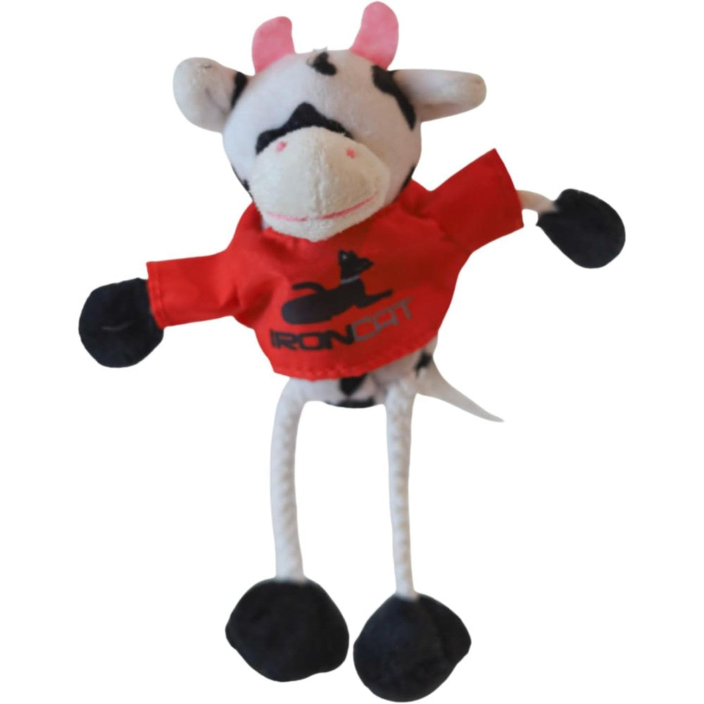 Steel Dog Pasture Pal Cow plush cat toy front view wearing an Iron Cat red shirt.