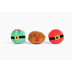 Midlee Christmas Catnip Plush Balls Three Pack front view displaying Santa, Reindeer, and Elf holiday designs.