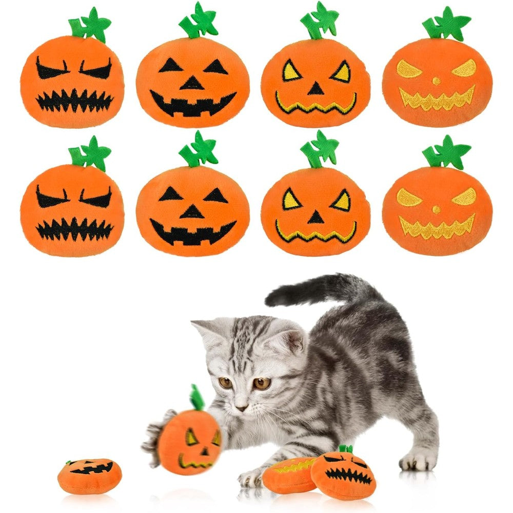 LyssKMK Halloween pumpkin cat plush toys front view displaying eight different embroidered expressions.