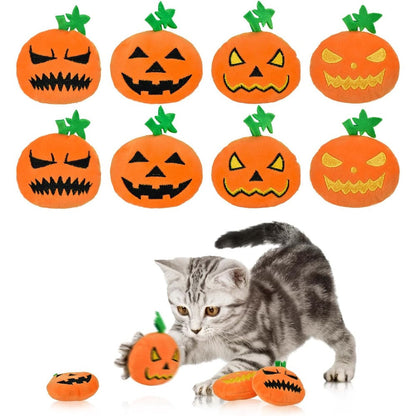 LyssKMK Halloween pumpkin cat plush toys front view displaying eight different embroidered expressions.