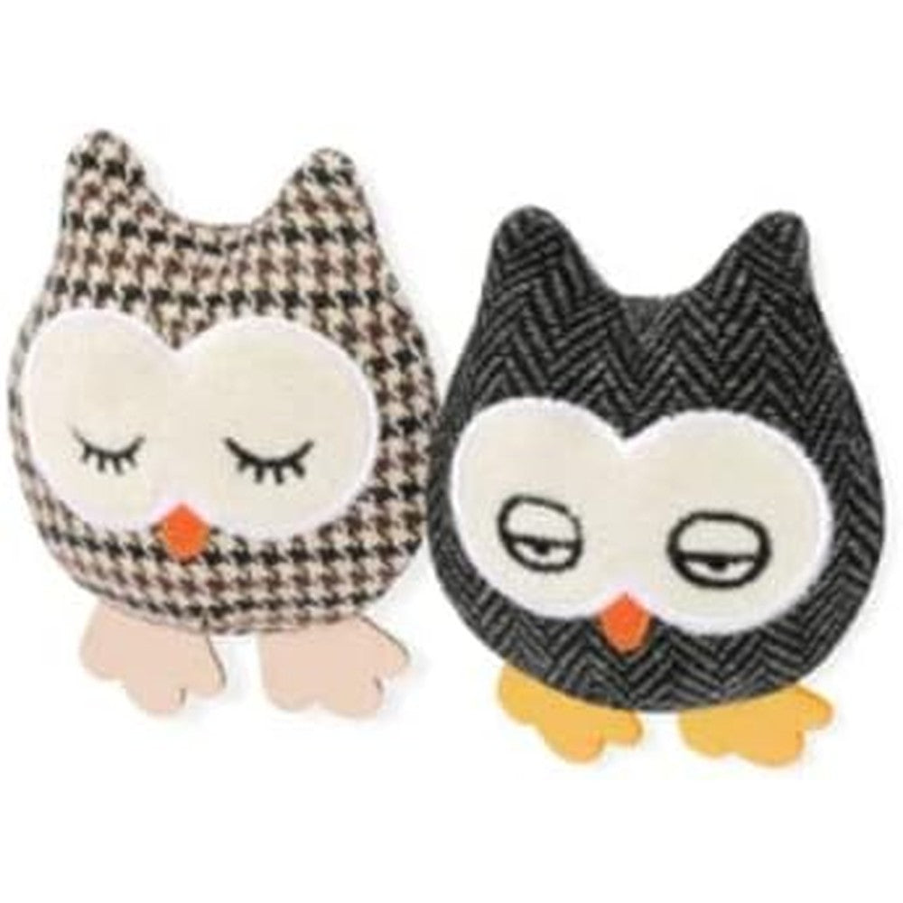 Play Pet Brands Feline Frenzy Hootiful Owls plush cat toy front view showcasing two tweed owl characters.