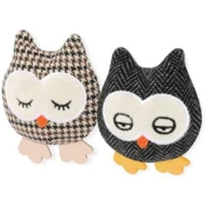 Play Pet Brands Feline Frenzy Hootiful Owls plush cat toy front view showcasing two tweed owl characters.
