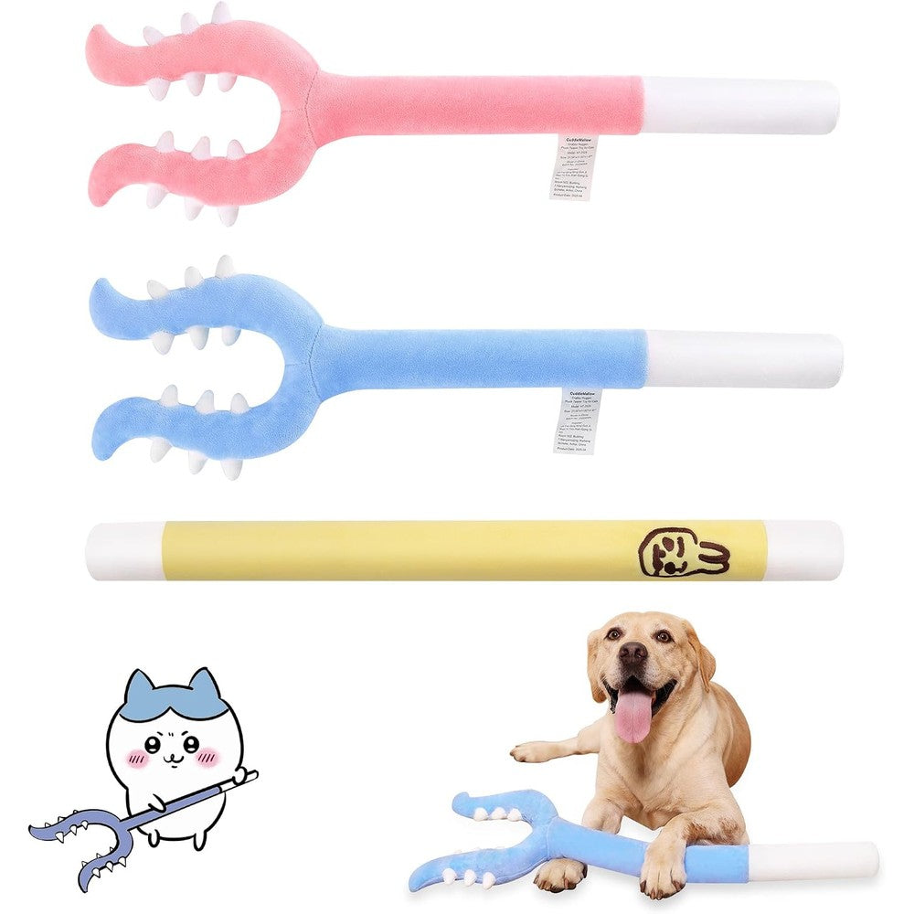 CuddleMallow plush cat wand toy front view showing the soft blue cartoon stick design for indoor pet play