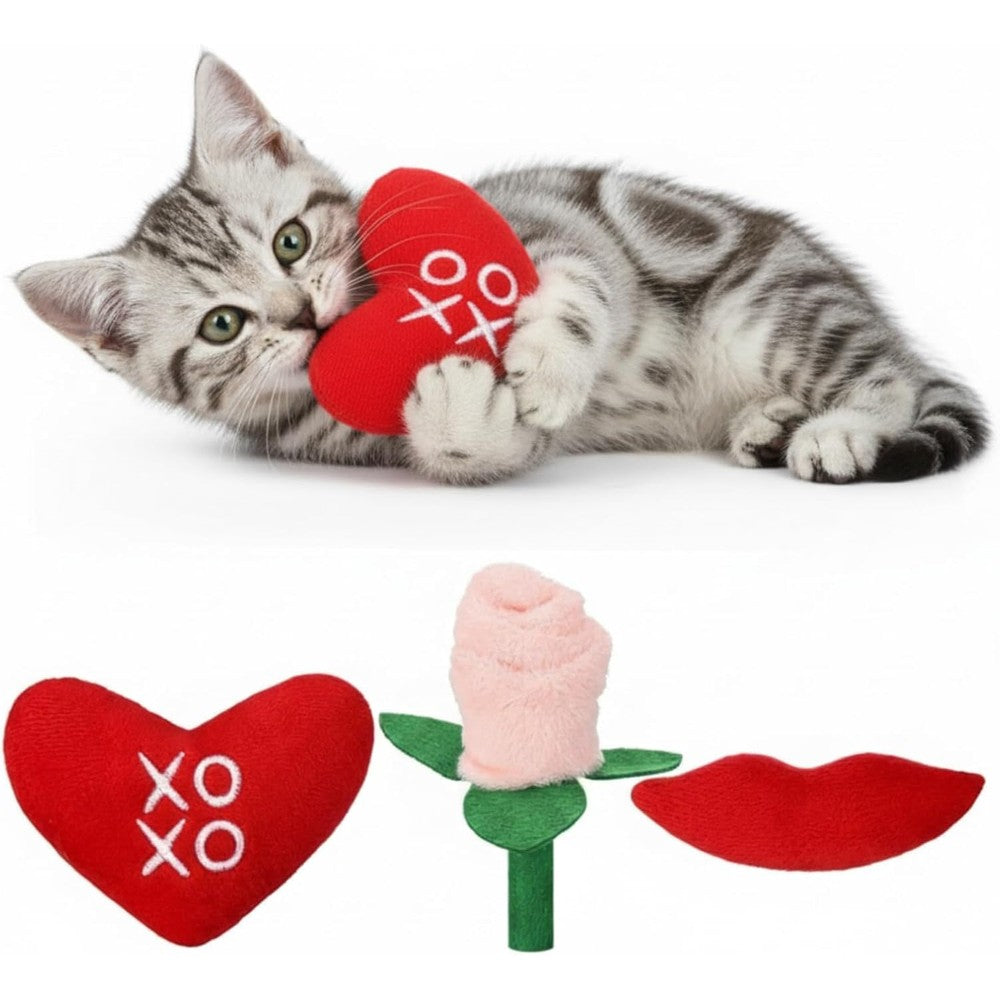Jenaai Valentine's Day plush cat toys front view showing heart rose and lips shapes