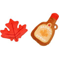 Pearhead Fall Maple Leaf Cat Toy Set front view showing crinkle leaf and rattle syrup bottle.