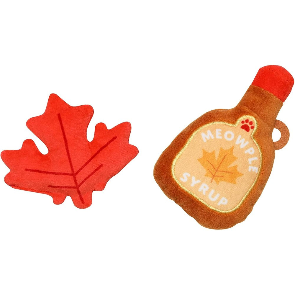 Pearhead Fall Maple Leaf Cat Toy Set front view showing crinkle leaf and rattle syrup bottle.