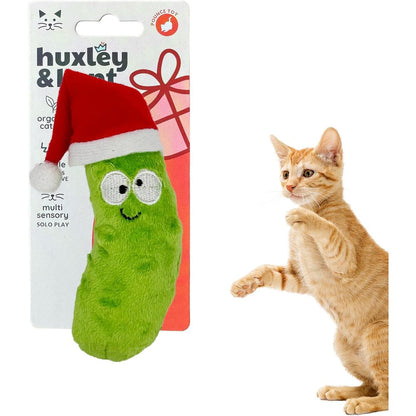 Huxley and Kent Dilly Claus plush cat toy front view showcasing the festive pickle design.