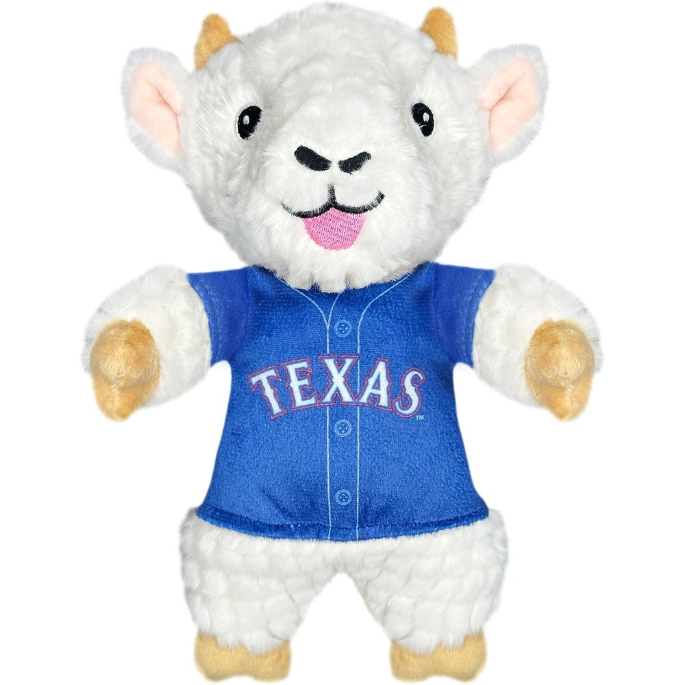 Pets First MLB Texas Rangers Goat Plush Toy front view showing embroidered team jersey design.