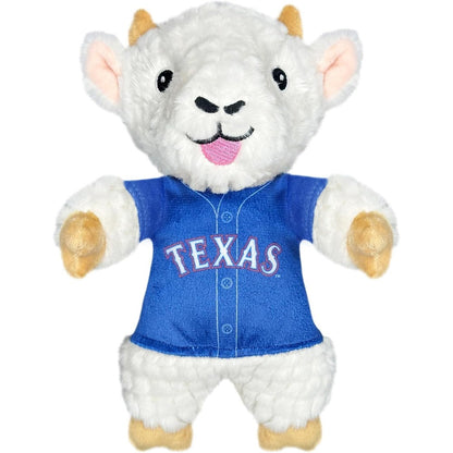Pets First MLB Texas Rangers Goat Plush Toy front view showing embroidered team jersey design.