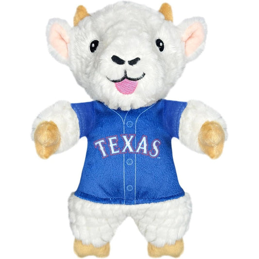 Pets First MLB Texas Rangers Goat Plush Toy front view showing embroidered team jersey design.