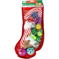 Midlee Christmas stocking cat toy gift set front view with fourteen assorted holiday toys.