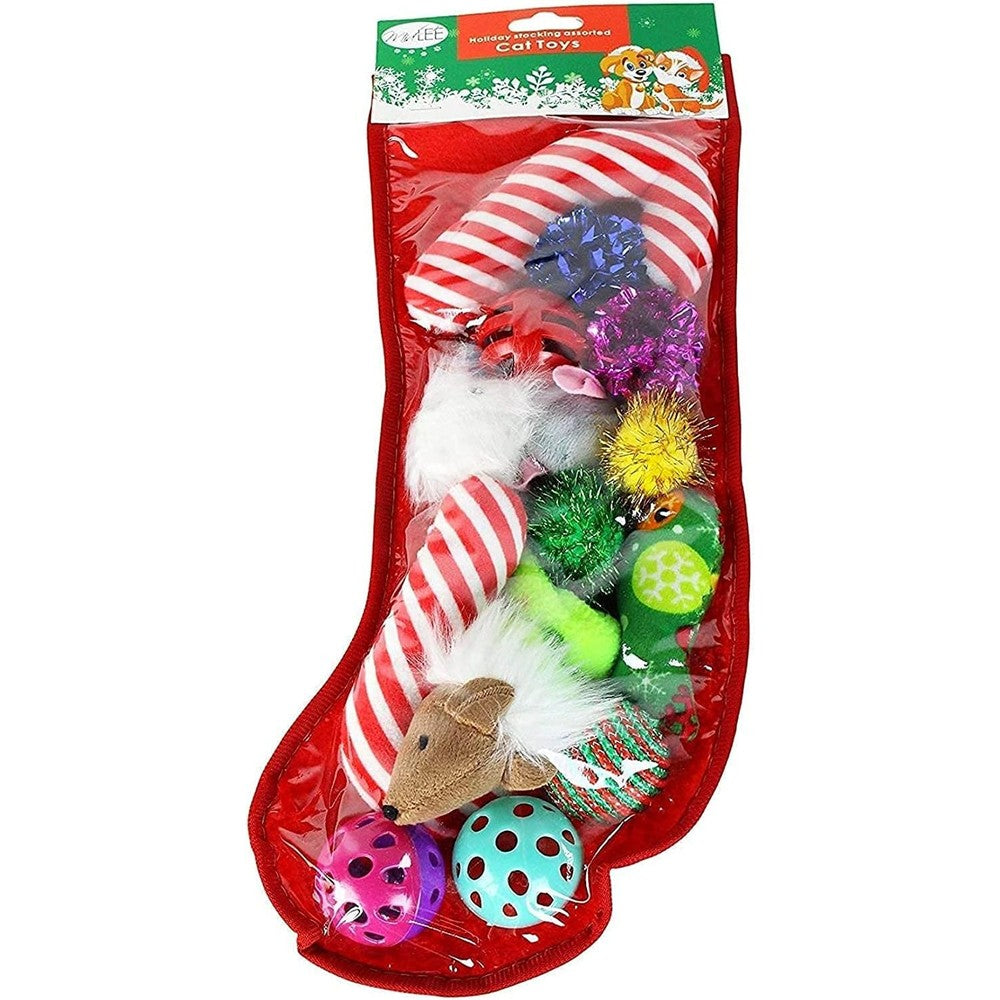 Midlee Christmas stocking cat toy gift set front view with fourteen assorted holiday toys.