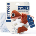 GRRREEN plush fish puzzle cat toy front view showcasing the blue and green recycled fabric details.