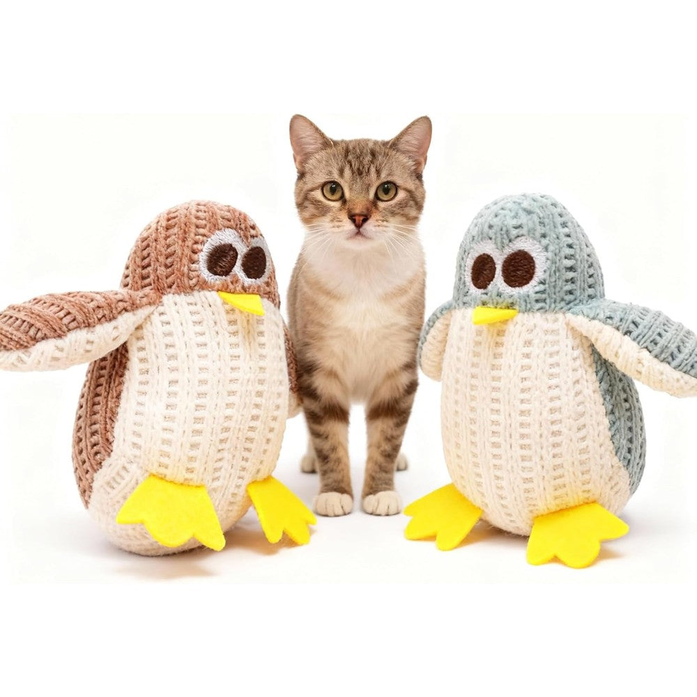 VisnzvLux cat chew toy soft penguin plush front view showing knitted texture and yellow feet