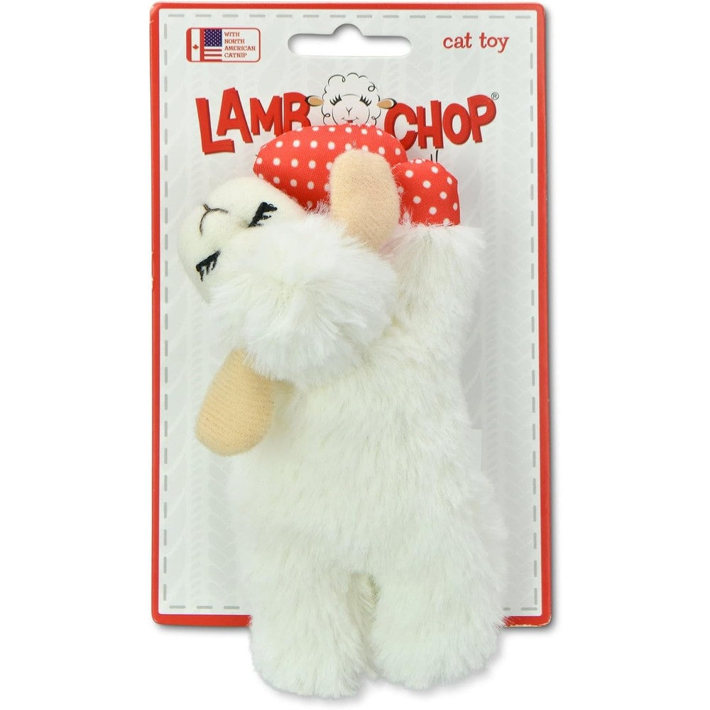 Multipet Lamb Chop Cat Toy front view showing the soft plush body and iconic red paws.