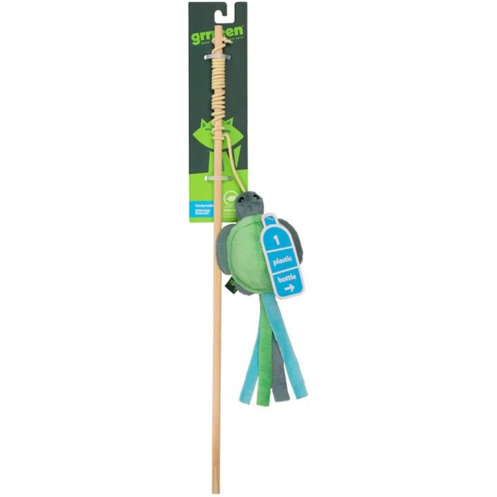 GRRREEN Plush Turtle Teaser Cat Wand Toy front view highlighting the eco friendly recycled material