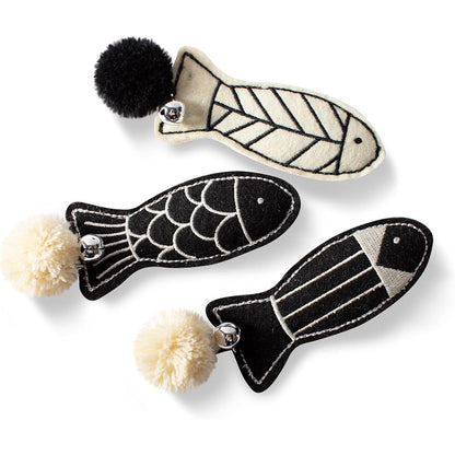 Fringe Studio Off The Scales Cat Toy three piece set front view showing black and white fish designs.