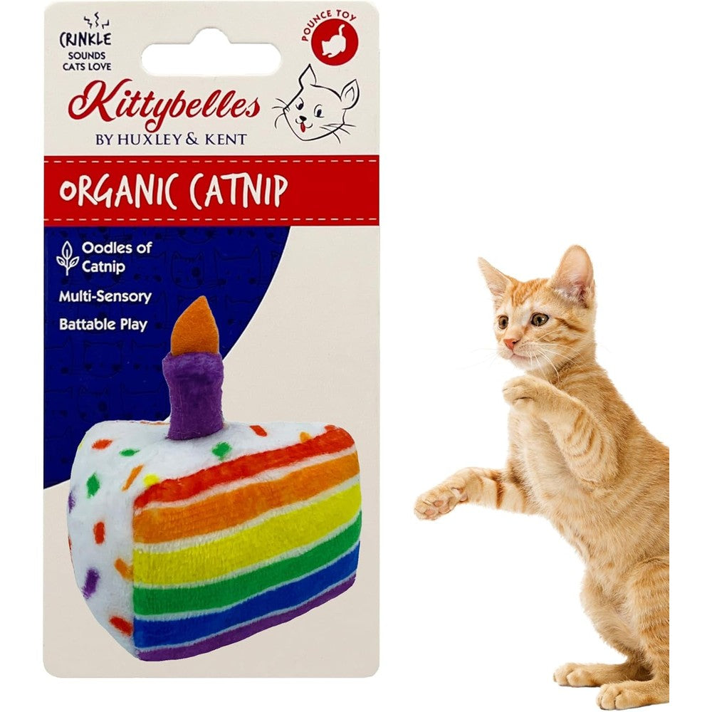 Huxley And Kent Funfetti Cake Plush Cat Toy front view showing colorful rainbow layers and candle.
