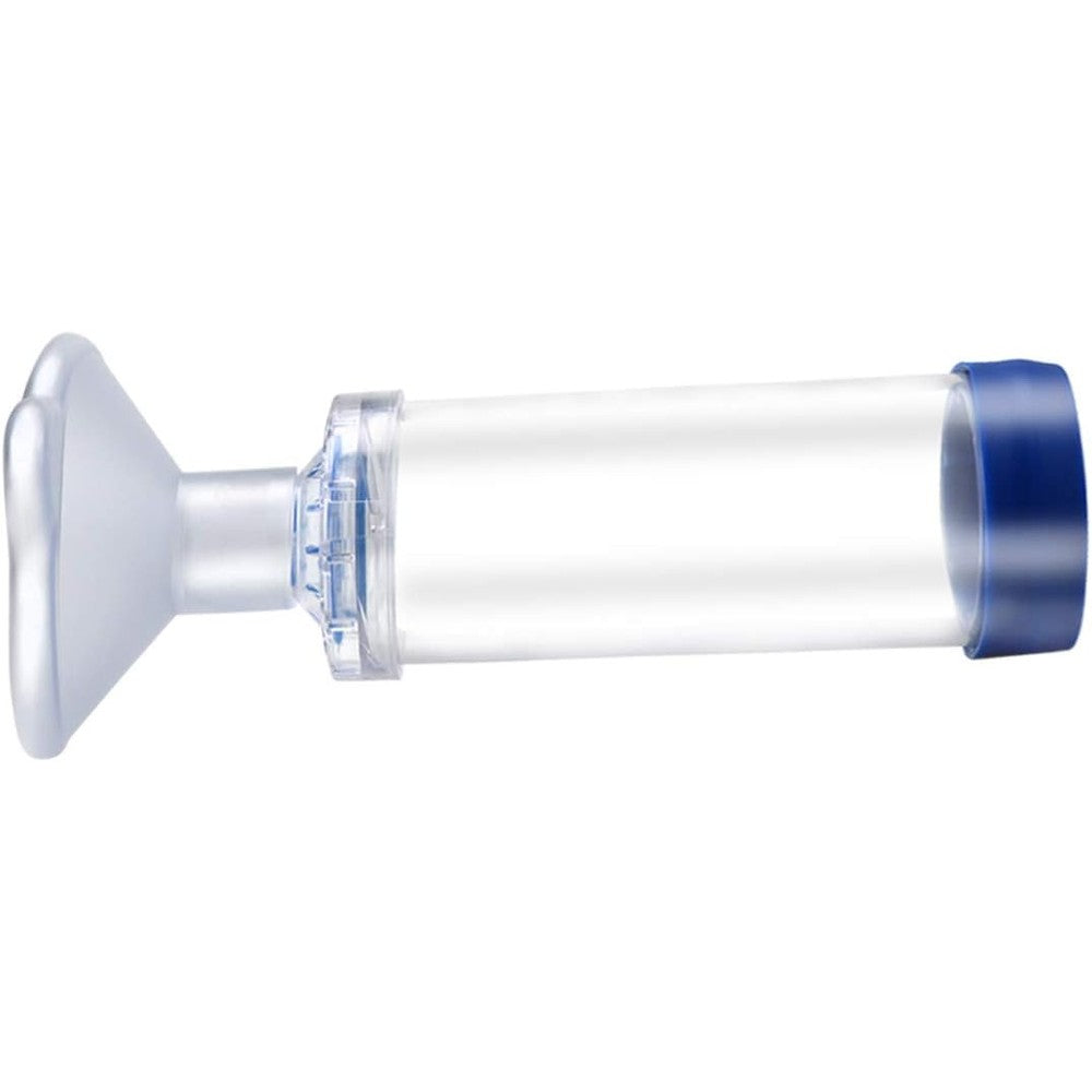 Free-Space cat and dog inhaler spacer front view showcasing clear chamber and blue end cap.