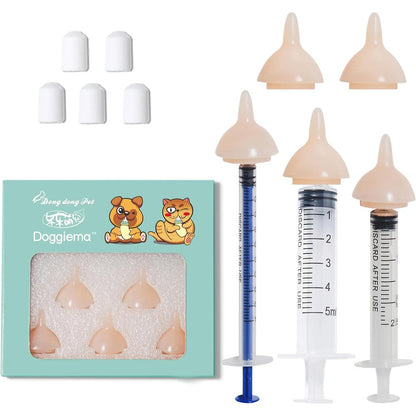 Doggiema Real Feel Feeding Silicone Nursing Nipple And Syringes Kit For Newborn Kittens Puppies And Small Animals 5 Nipples And 3 Syringes