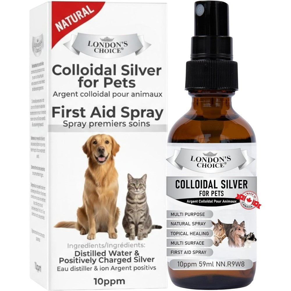 London's Choice Colloidal Silver for Pets 2 fluid ounce front view glass spray bottle for dog itchy skin relief