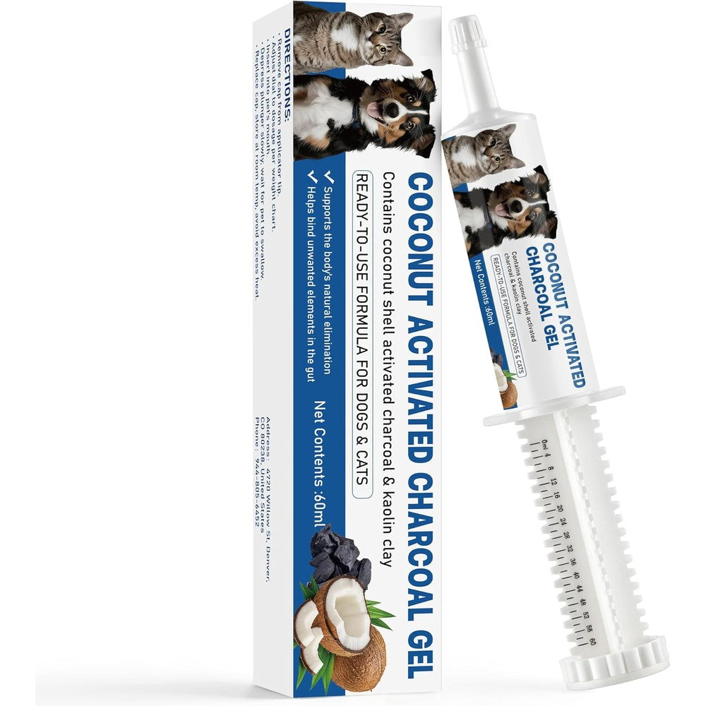 Vetriuntrix Activated Charcoal Gel 60mL packaging front view for pet emergency poisoning first aid.