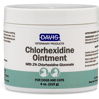 Davis Chlorhexidine Ointment four ounce jar front view showcasing pet skin care treatment.