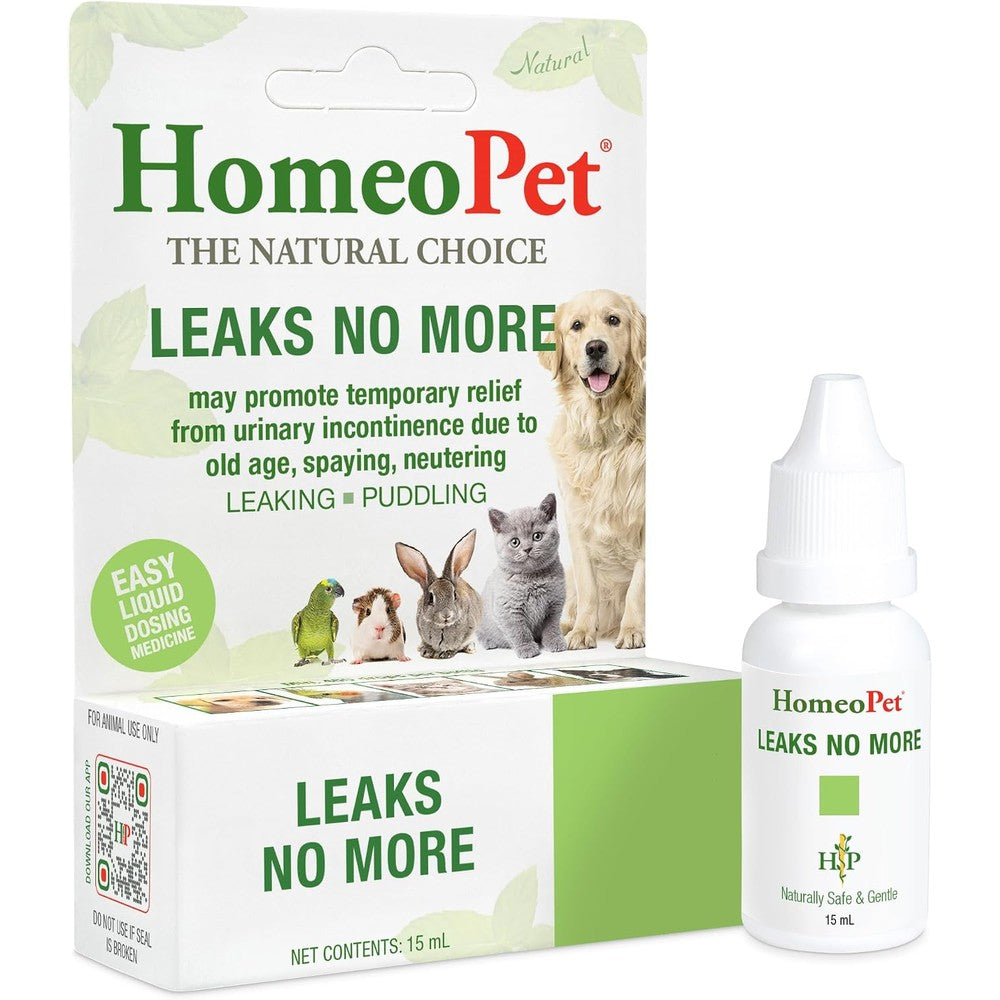 HomeoPet Leaks No More 15 Milliliters front view pet urinary supplement bottle