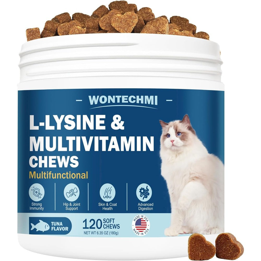 Kinpur Pet Care Wontechmi L Lysine cat supplement front view showing 120 tuna chews bottle.