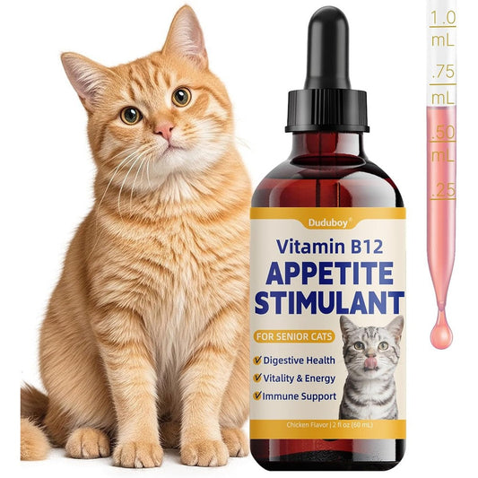 Duduboy Cat Appetite Stimulant and Weight Gainer liquid B12 front bottle view for low weight felines.