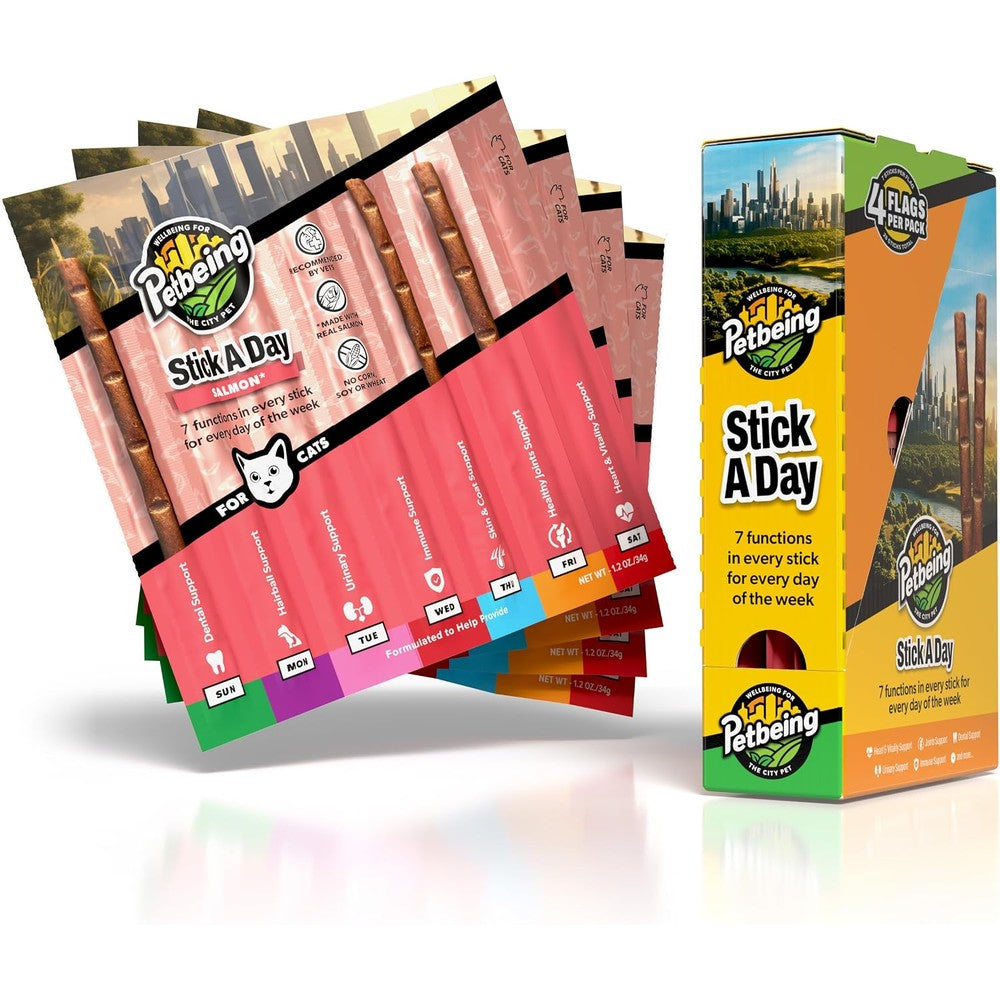 Petbeing Stick a Day for Cats front packaging showing 28 count mix flavor