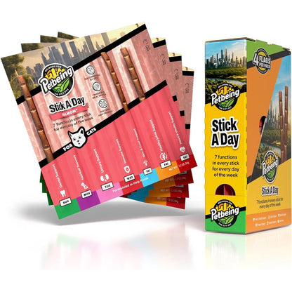 Petbeing Stick a Day for Cats front packaging showing 28 count mix flavor