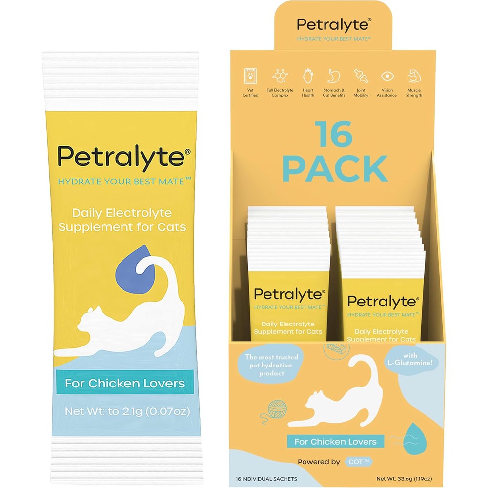 Petralyte Cat Hydration Electrolyte and Cat Joint Supplement front packaging showing chicken flavor