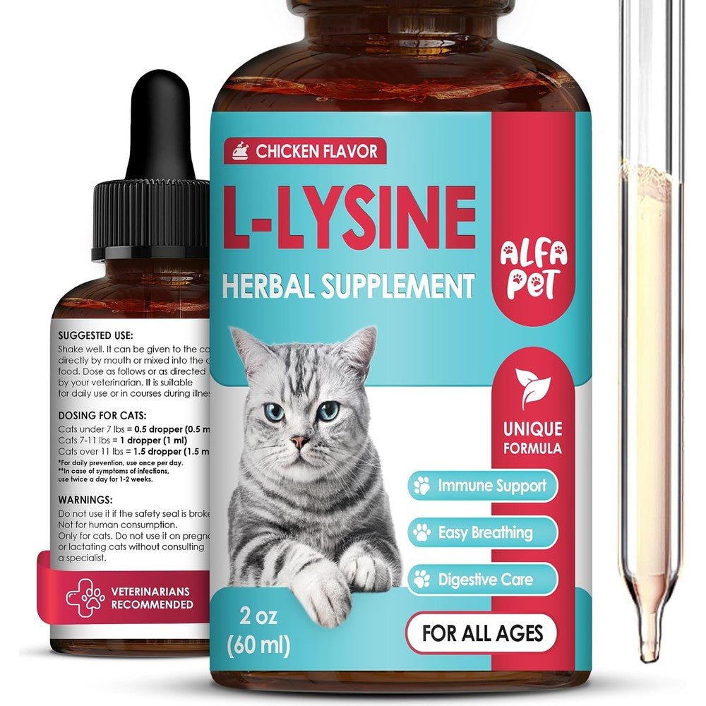 Alfa Pet L-Lysine liquid cat supplement front view for feline respiratory health.