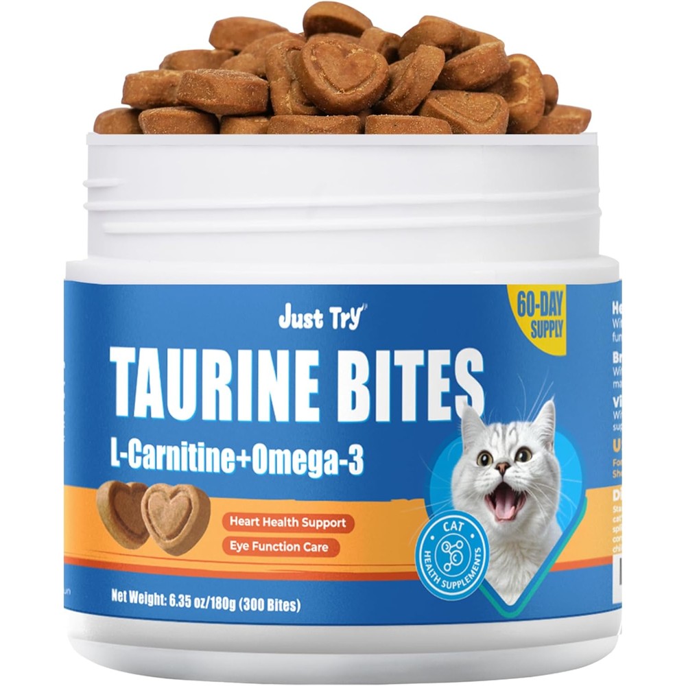 Just Try Cat Taurine Bites daily pet supplement front packaging view.