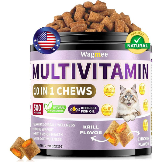 Wagmee 10 in 1 Cat Multivitamin with Fish Oil 500 chews front tub view