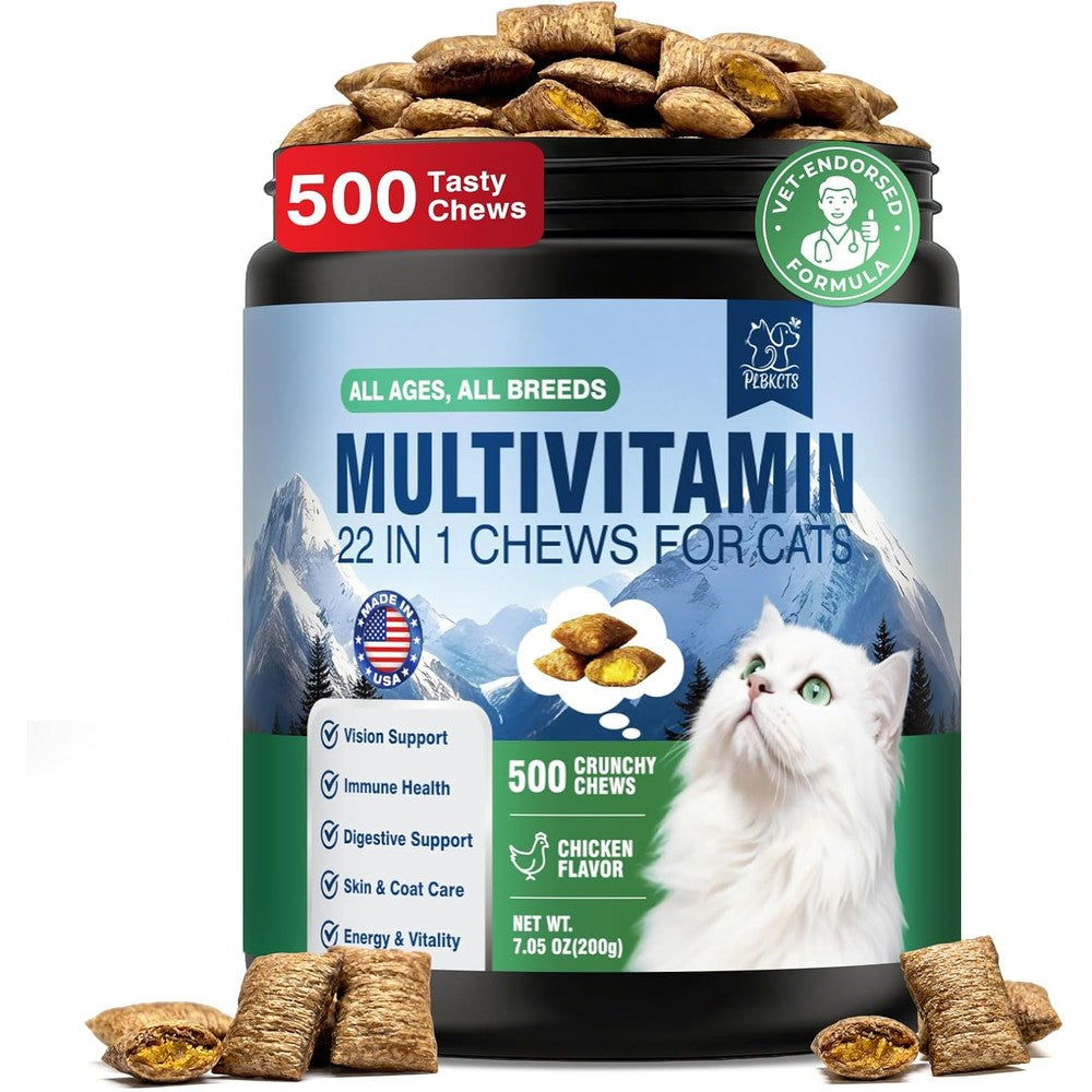 PLBKCTS 22 in 1 cat multivitamin chews front view tub of chicken flavored feline supplements