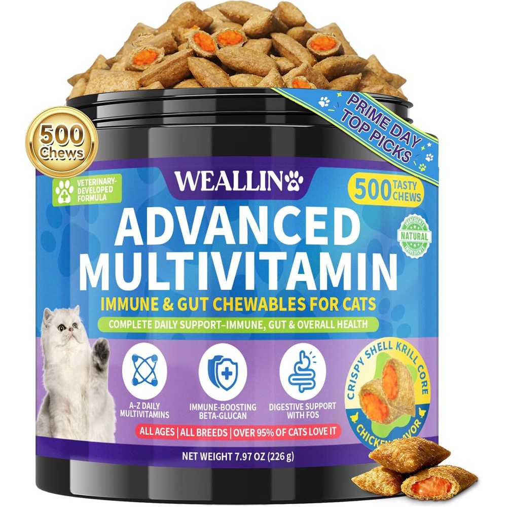 WEALLIN 18 in 1 cat multivitamin treats front jar view for daily feline nutrition.