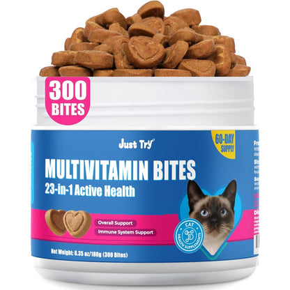 Just Try 23 in 1 Taurine for Cats front view of the 300 bites container.