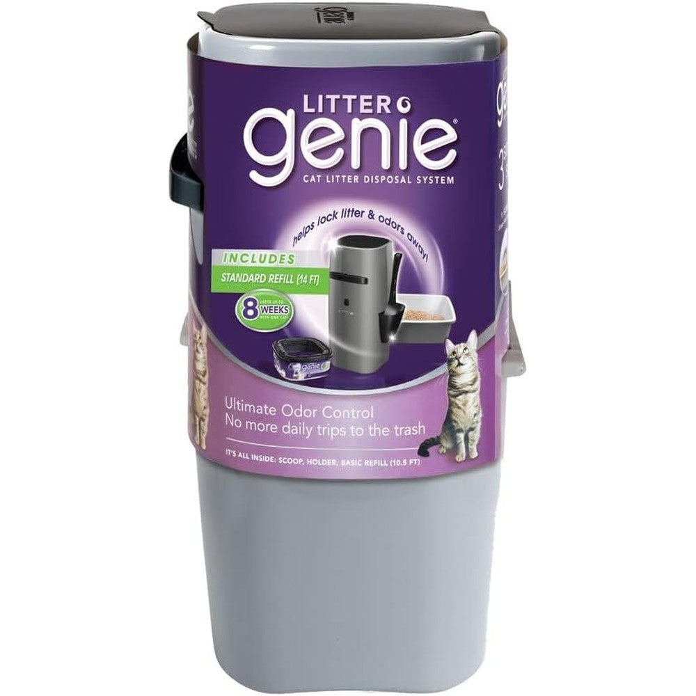 Litter Genie cat litter disposal pail system front view with scoop
