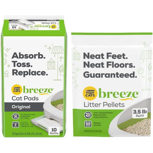 Purina Tidy Cats Breeze variety pack front view showing imported cat litter pellets and pad refills