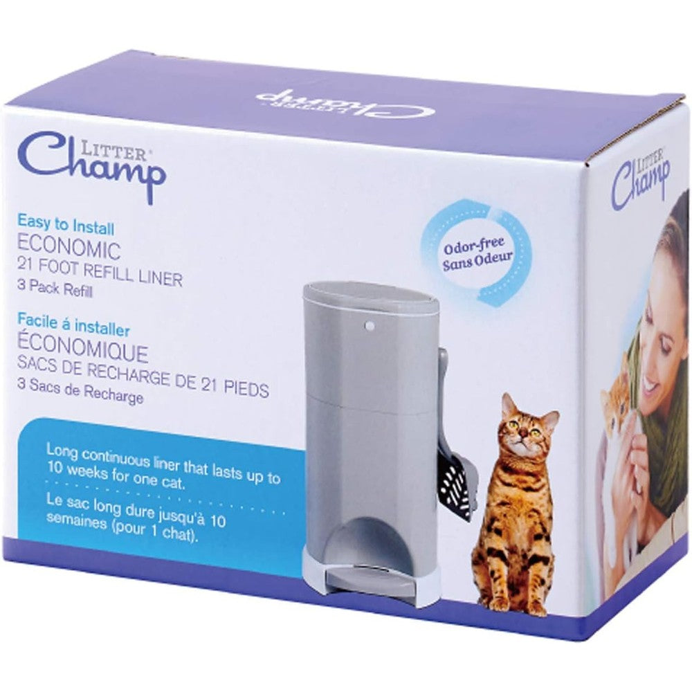 Lucky Champ Litter Champ 3-Pack Refill green box front view showing cat litter disposal liner packaging