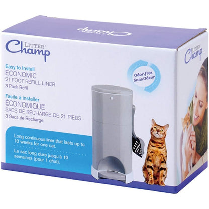 Lucky Champ Litter Champ 3-Pack Refill green box front view showing cat litter disposal liner packaging