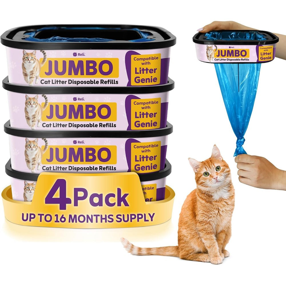 Reli Jumbo Cat Litter Refill Bags Four Pack front view showcasing authentic packaging.