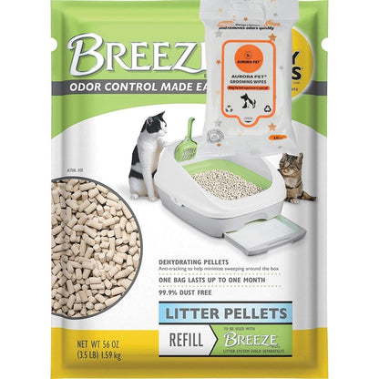 Aurora Pet Cat Breeze Litter Pellets front view package with bonus wet wipes pack.