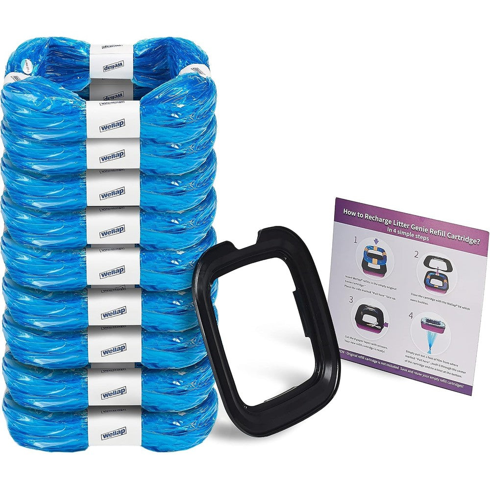 Glomire compatible litter refills nine pack front view showing the blue pleated plastic bags.