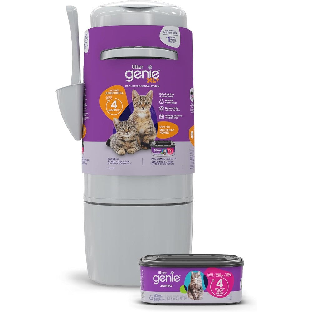 Litter Genie XL Plus Pail front view showcasing the modern gray cat litter waste disposal system with its integrated scoop holder.