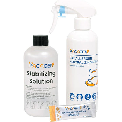 Pacagen Cat Allergen Neutralizing Spray front view of the complete starter pack kit.