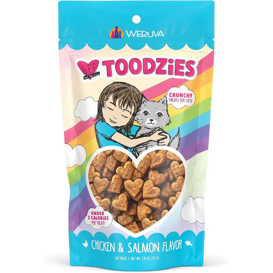 Weruva BFF Toodzies Grain Free Chicken And Salmon Flavor Crunchy Cat Treats Heart Shaped Low Calorie Daily Rewards Snacks For Cats Two Ounce Bag